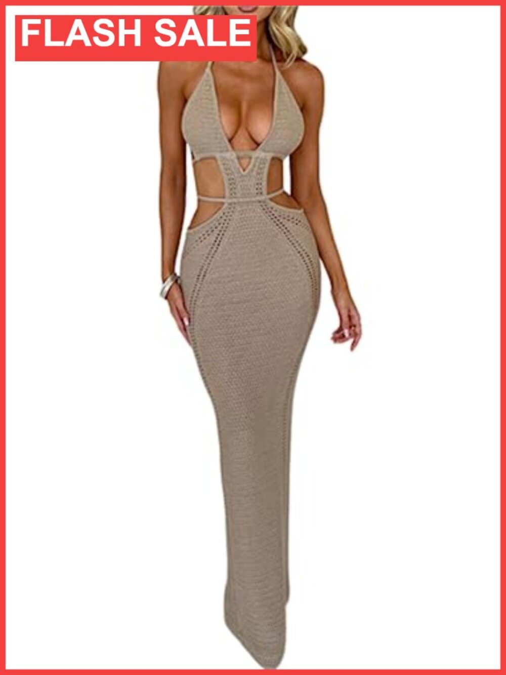 Summer Crochet Halter Maxi Dress Backless Bodycon Beach Vacation